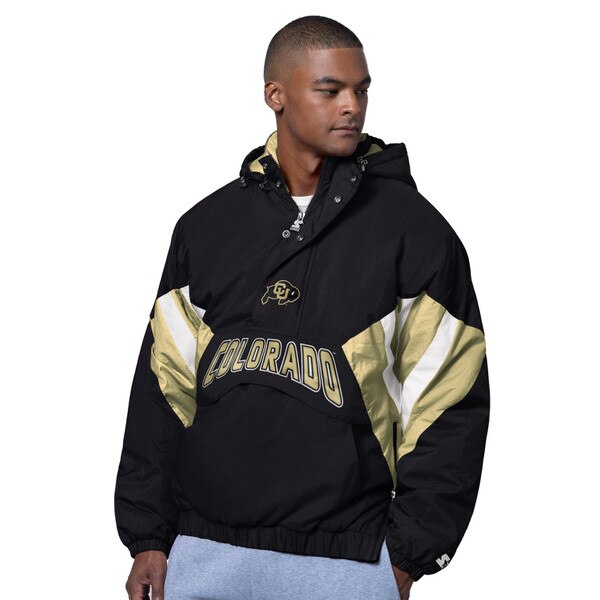 Front view of black CU Boulder Starter jacket with embroidered "Colorado" text across the chest and university logo above it, worn by a person.